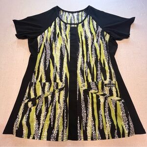 Cherokee - Black and Green Patterned Scrub Top - Size Small